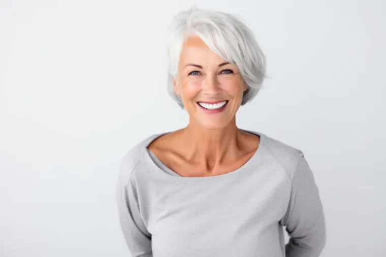 A smiling senior woman with a full, confident smile, the kind of natural-looking result All-on-4 dental implants restore, at Copper Sky Dental in Peoria, AZ