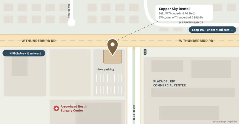 Map: Copper Sky Dental at the southwest corner of West Thunderbird Road and North 94th Drive in Peoria