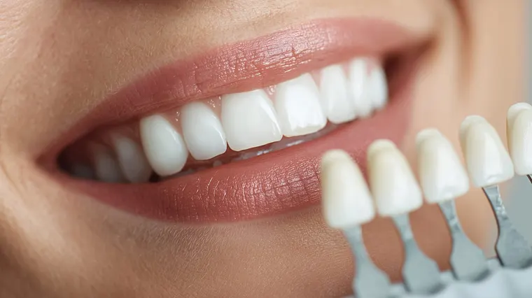 Close-up of a bright smile beside a dental shade guide during a porcelain veneer color match at Copper Sky Dental in Peoria, AZ