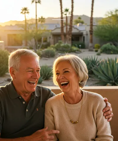 Happy retired couple relaxing on Arizona patio with palm trees and healthy smiles