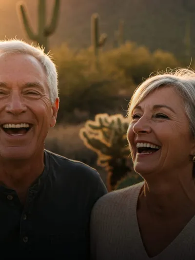 Happy senior couple with beautiful healthy smiles enjoying Arizona desert sunset