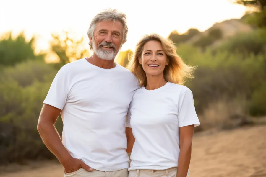 A mature couple smiling outdoors in the Arizona desert, representing the West Valley patients Copper Sky Dental serves from its Peoria office